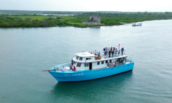Sea Love II, from overhead, cruising past Fort Matanzas
