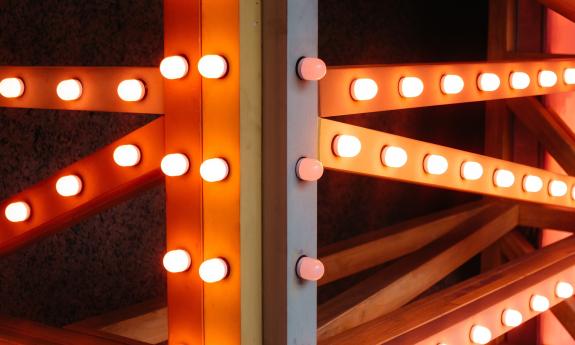 A close-up view of lights on a marquis