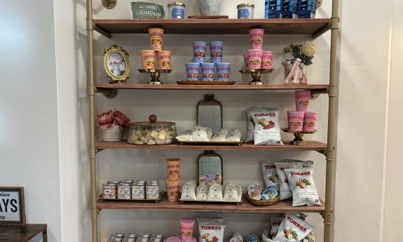 An assortment of products on a bookshelf