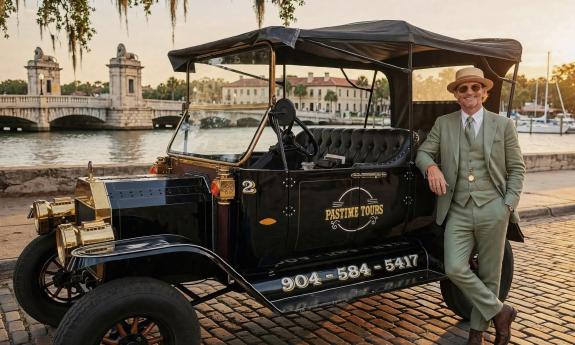 The driver of a replica Model T, dressed for the period