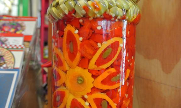 Jarred datil peppers on display at Hot Stuff Mon.