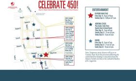 A map of street closures and stage locations for the Celebrate 450! commemoration in St. Augustine, Florida.