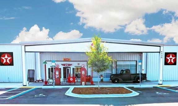 The exterior of Classic Car Museum of St. Augustine is reminiscent of a filling station from the last century.