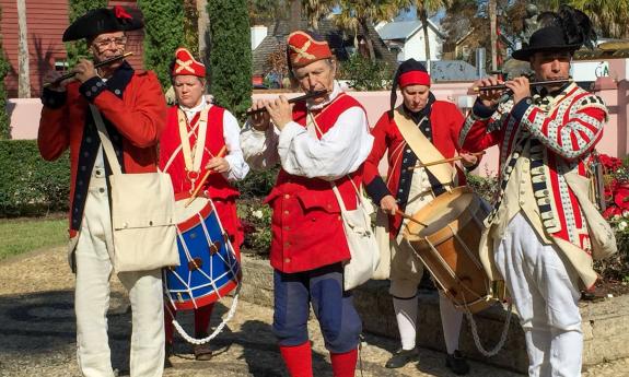 The fife and drum corp marching during Colonial Night Watch.