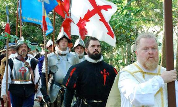 Pedro Menendez de Aviles and his men follow the priest from the Mission Nombre de Dios to the Fountain of Youth for a thanksgiving feast.