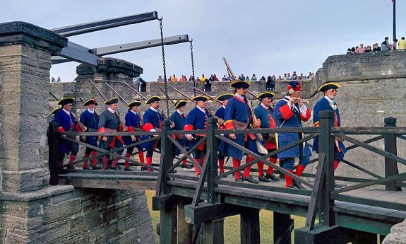 Reenactors on the bridge of the Castillo de San Marcos in St. Augustine.