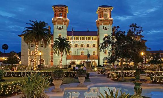 The Lightner Museum under a blue evening sky during Nights of Lights.