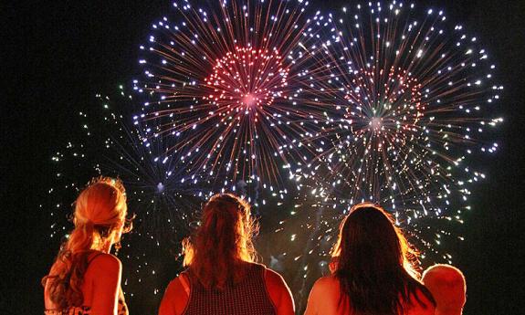 A ground-level view of the fireworks in St. Augustine, Florida.