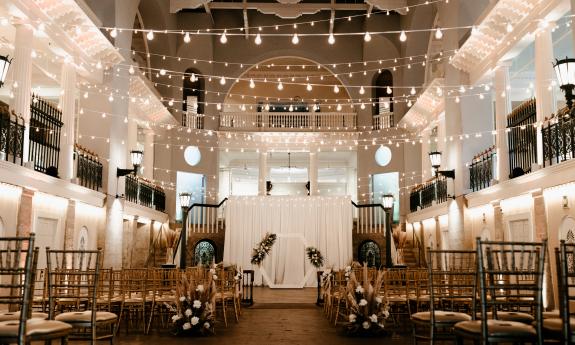 The Cafe Alcazar area bedecked for a wedding at Lightner Museum in St. Augustine.