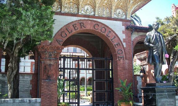 A statue of Henry Morrison Flagler welcomes students and visitors to Flagler College, formerly the Ponce de Leon Hotel, in St. Augustine.