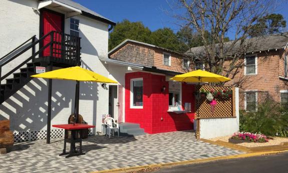 Frozen Flamingo walk-up ice cream stand in Uptown San Marco district.