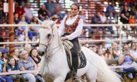 A beautiful white horse, being ridden in the show, Gala of the Royal Horses.