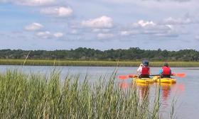 Two people on a Geo Trippin' Kayak tour from Genung's explore the marshes and oyster beds of the Matanzas.