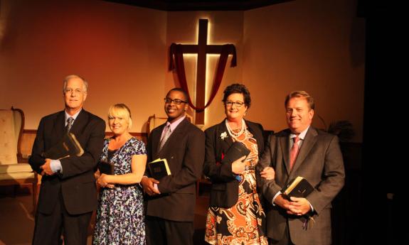 Actors Jim Fellows, Jennifer Latka, Daniel Carter, Tracey Gallagher, and Everette Street in the Limelight Theatre’s production of “The Christians.”