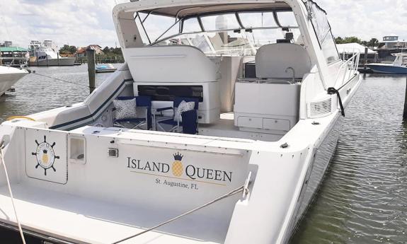 The Island Queen, on the dock and ready for day-charters in St. Augustine.