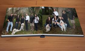 Two heirloom portraits of an extended family and their dogs, taken by Jackie Hird in St. Augustine.