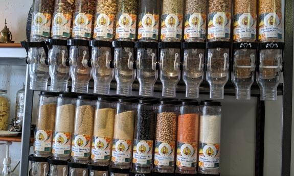 A display of nuts and dried beans from Peace In a Nutshell at Local Refillery in St. Augustine.