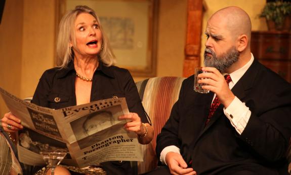 Linda Mignon as Eleanor Hunter and James Desmond as Leslie Bromhead in a scene from No Sex Please, We're British, presented by the Limelight Theatre.