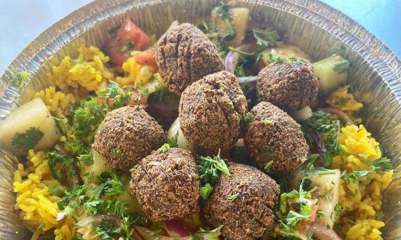 Falafel rice bowl served at EZ Eatz by Yaya