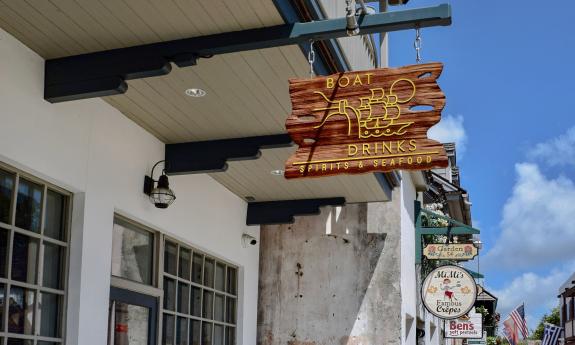 The sign of Boat Drinks on St. George Street in St. Augustine.