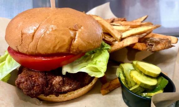 A burger and pickles from The Porkupine Pub in St. Augustine, FL