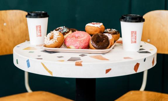 Donuts on a guest table at Fiction Donuts in St. Augustine.