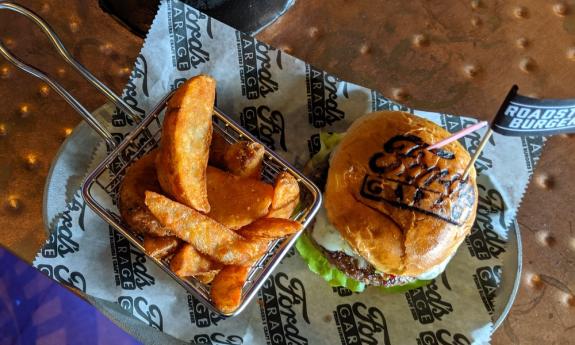 A burger with their iconic branded bun at Ford's Garage in St. Augustine.