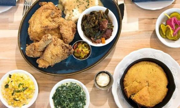 A fried chicken dinner and all the fixin's from Valley Smoke BBK in Ponte Vedra Beach, north of St. Augustine.