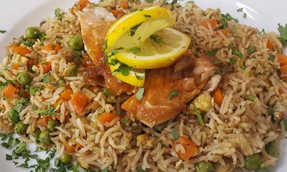 Glazed salmon over fried rice at The Spot in St. Augustine, FL.