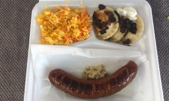 Kielbasa, sauerkraut, and pierogi from I Love Pierogi Food Truck in St. Augustine.