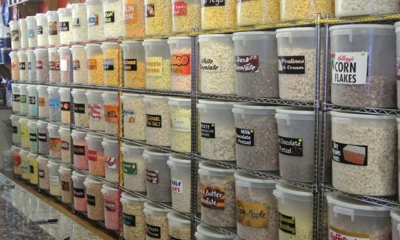 Some of the many flavors of popcorn made at Kernel Popper's Gourmet Popcorn in St. Augustine..