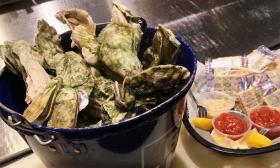 A bucket of oysters with crackers and sauces to the side