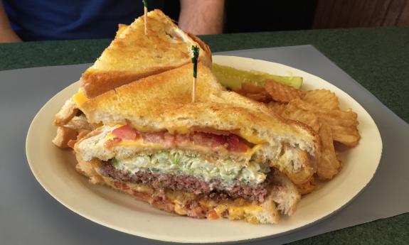 The Vortex Burger with fries and a pickle on the side