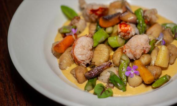 Butter poached lobster with pan seared dumplings at Michael's in St. Augustine.