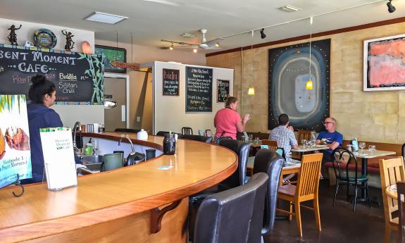 Inside bar area at the Present Moment Cafe.