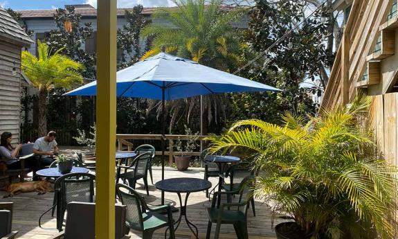Outside patio with shaded table areas