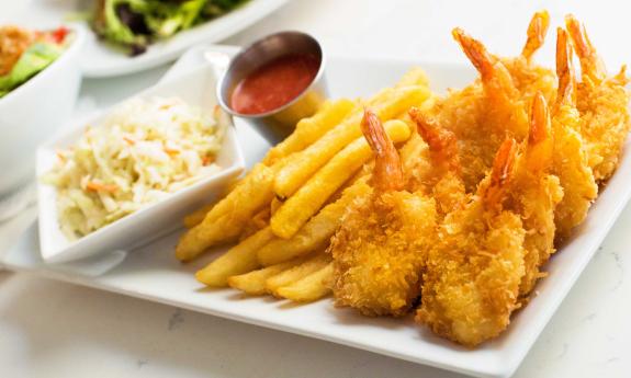 Fried shrimp for dinner at Santiago's at Guy Harvey Resort St. Augustine Beach.