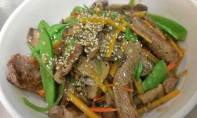 Sesame beef with veggies, snow peas, and noodles! Yum!