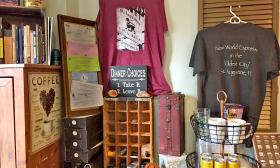 The coffee shop sells T-Shirt and other gifts for foodies and coffee enthusiasts.