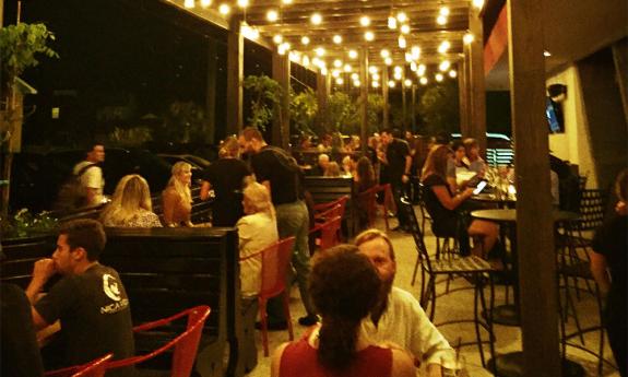 The patio dining area at Hoptinger Bier Garden and Sausage House in St. Augustine, Florida.