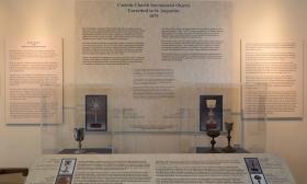 Exhibit of sacramental objects from St. Augustine's history at Mission Nombre de Dios Museum.