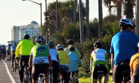 Tiders in the Spoonbills ^ Sprockets Cycling Tour approach the city of St. Augustine.
