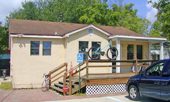 The parking lot and entrance for Sprockets in St. Augustine.