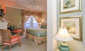 Comfortable beds, charming decor, and full amenities in each guest room.
