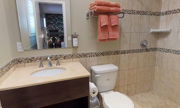 A bathroom with a walk-in shower