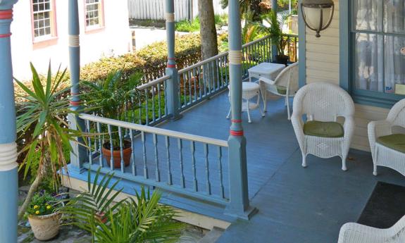 A view of the welcoming ground-floor porch at the Victorian House from the Patricia Room.