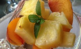 St. Augustine's Old Powder House Inn offers delicious food beautifully presented, like this peach and pineapple cup.