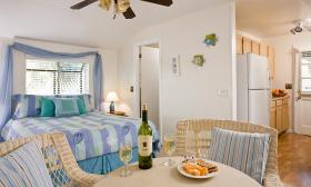 The studio living and sleeping space at Beach Bungalow, a beach vacation rental available through the St. Francis Inn in St. Augustine.