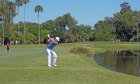 Professional golfers practice their swing on the course during the practice days before the competition.