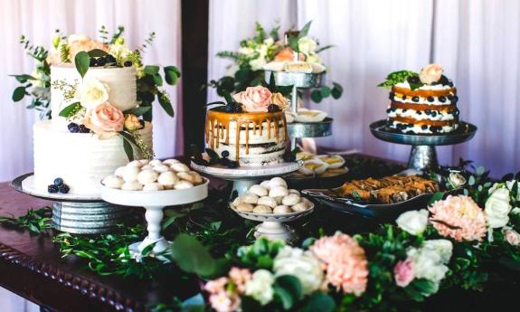 Cakes and dessert table created by Sweet Weddings Cake Designs in St. Augustine, FL.